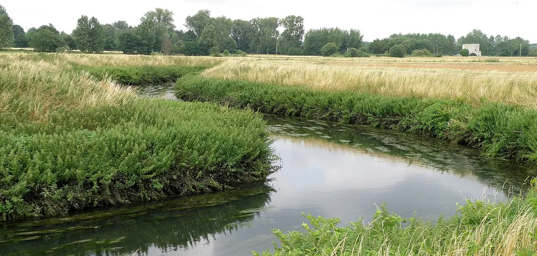 Weerde (prov. Vlaams-Brabant). Zenne, met ruïne sluistoren op de achtergrond rechts.