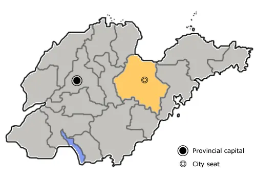 The prefecture-level city of Weifang is highlighted on this map of Shandong province, People's Republic of China.