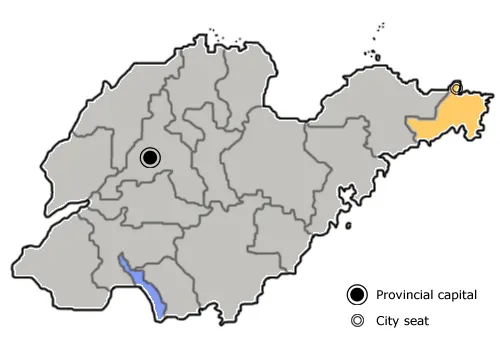 The prefecture-level city of Weihai is highlighted on this map of Shandong province, People's Republic of China.
