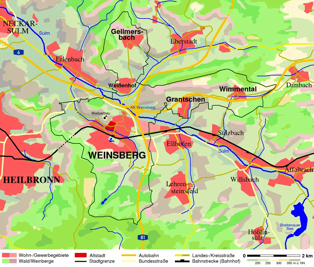 Map of Weinsberg (Germany) and surrounding area