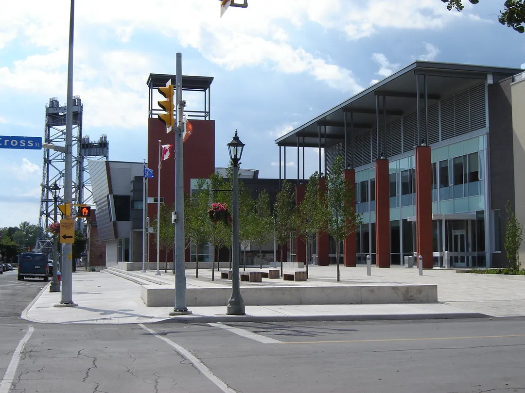 The newly-built Welland, Ontario Civic Square (contrary to the filename), housing the city hall and the Welland Public Library. The towers of the Seaway Bridge #13 are visible in background on left.

Photo taken from northeast corner of East Main and Cross Streets.