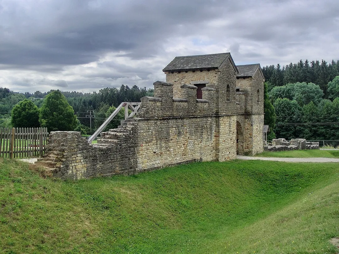 West gate of the Roman east fort of Welzheim on UNESCO Upper German-Raetian Limes World Heritage Site, Baden-Württemberg.
