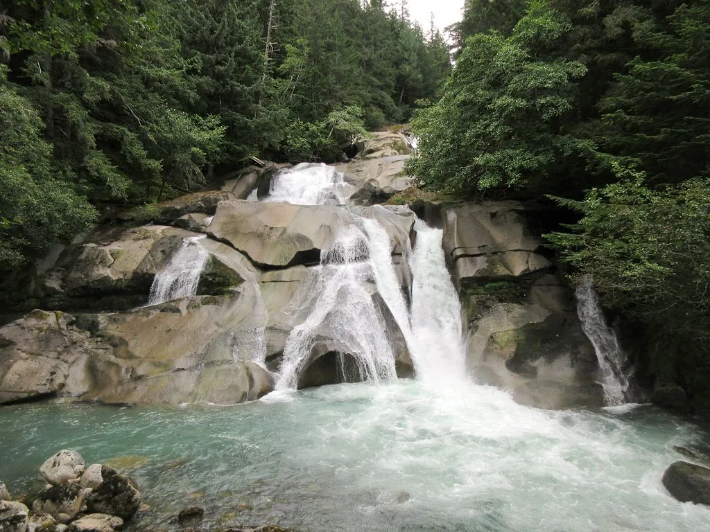 Clayton Falls are just 1.8 km west of the public wharf in Bella Coola, British Columbia, Canada.