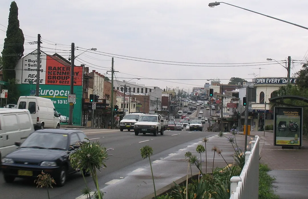 Victoria Road, West Ryde, Sydney, Australia.  The photo was taken from the entrance to the pedestrian subway under the railway line, looking west.