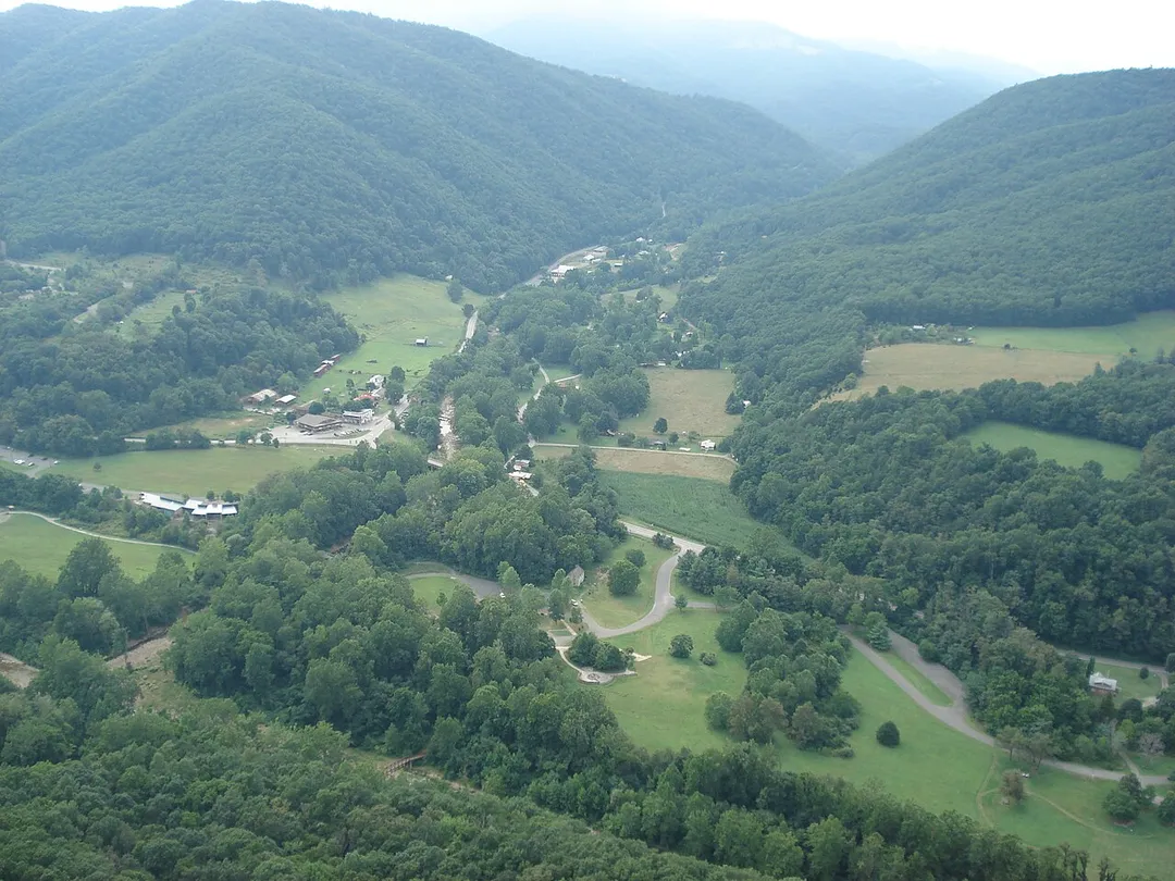 The community of Seneca Rocks, West Virginia at the confluence of Seneca Creek and North Fork South Branch Potomac River. 

Photo taken from atop Seneca Rocks.
