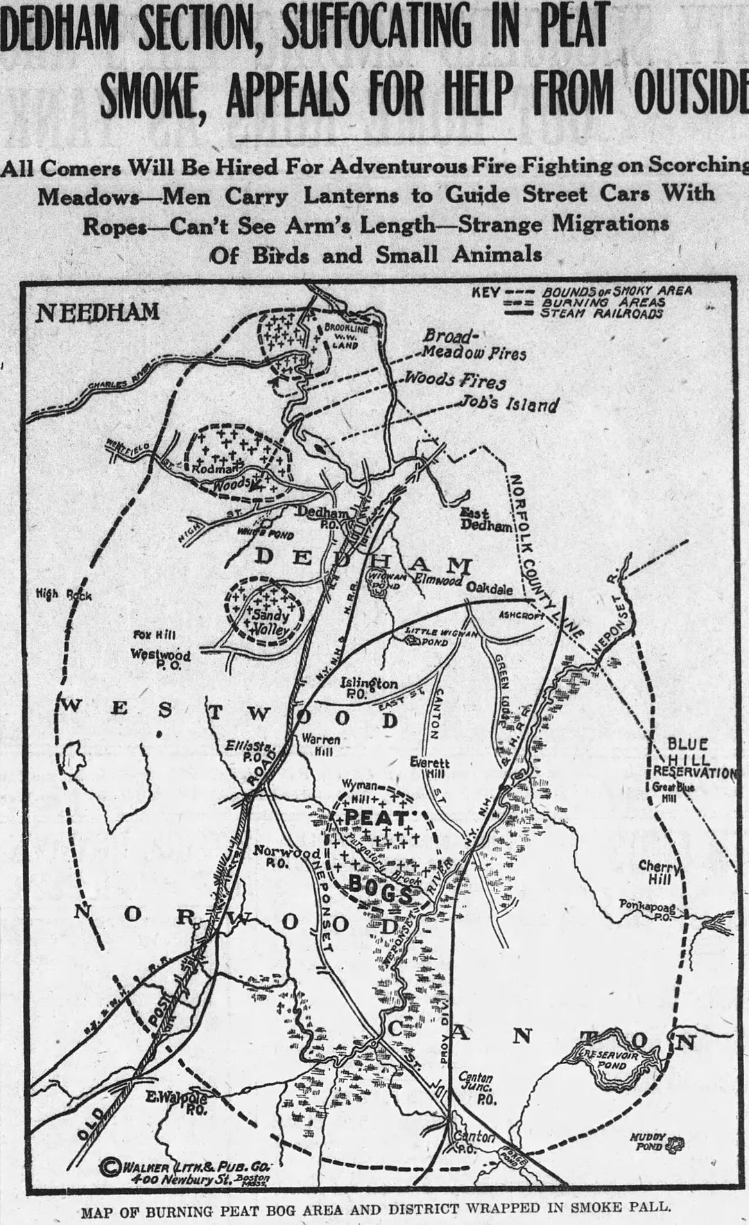 Caption text says "Map of Burning Peat Bog Area and District Wrapped in Smoke Pall"