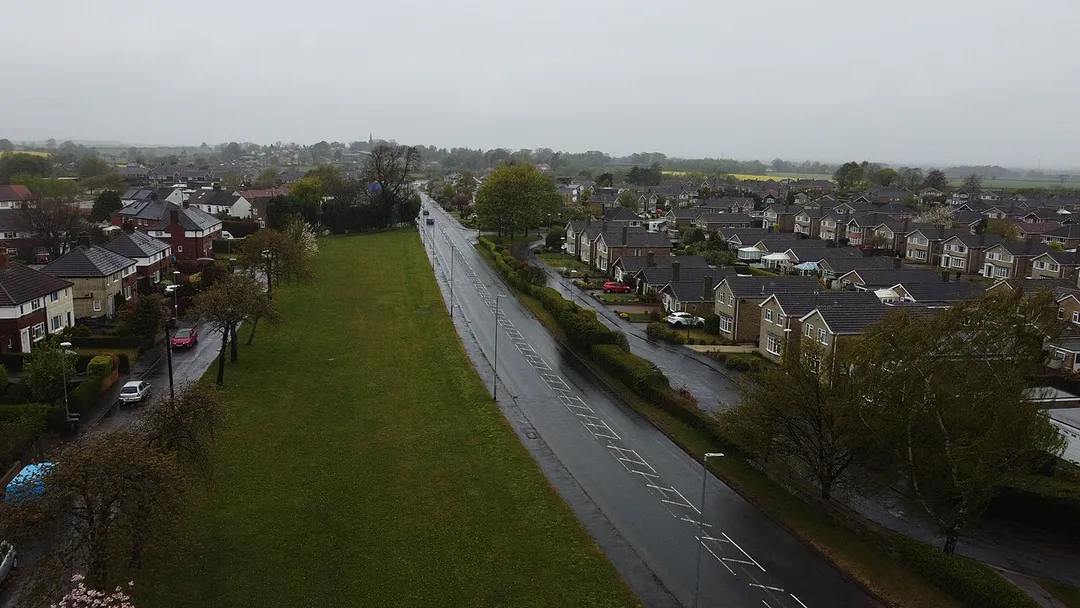 Aerial photographs taken from Ainsty View, Wetherby, West Yorkshire.  The street on the left is Ainsty View, the main road in the centre is Deighton Road amd the minor road on the right is Appleby Way.  Taken on the afternoon of Spring Bank Holiday Monday the 3rd of May 2021.