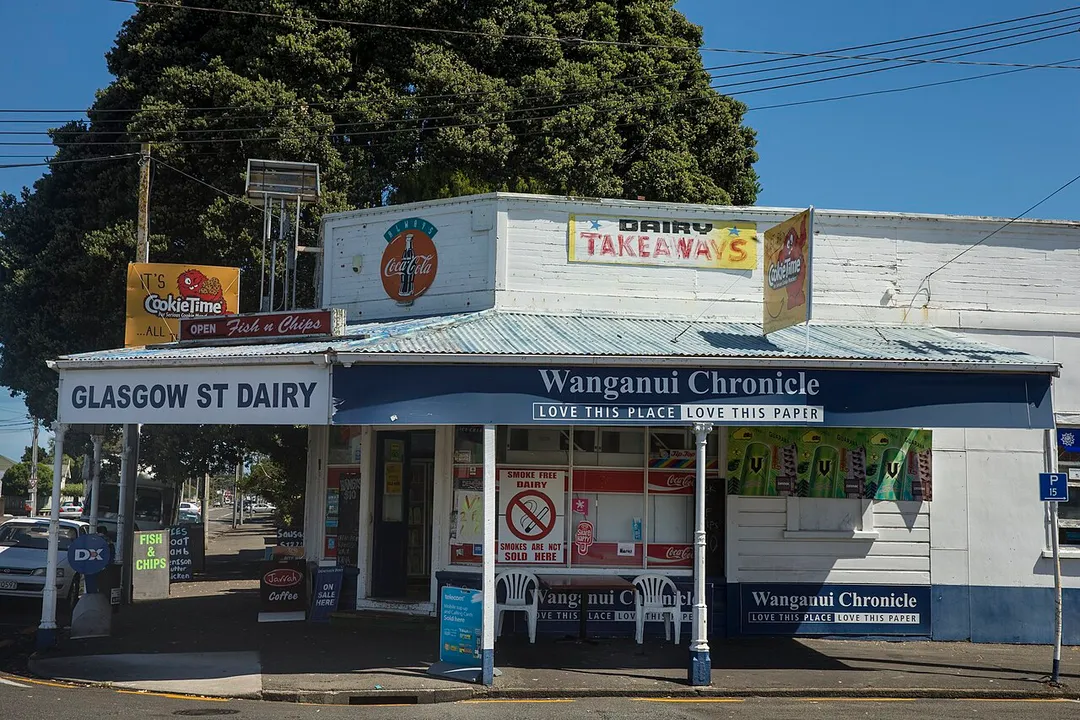 Small grocery shop (colloquially called a dairy in New Zealand) on the corner of Glasgow Street, in Whanganui. 2015