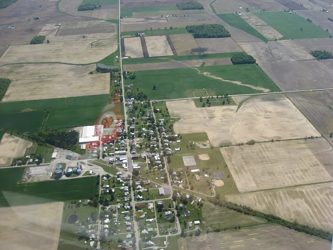 Aerial view of Wharton, a village in Wyandot County, Ohio, United States.  Picture taken from a Diamond Eclipse light airplane at an altitude of 3,500 feet MSL and a bearing of approximately 100º.