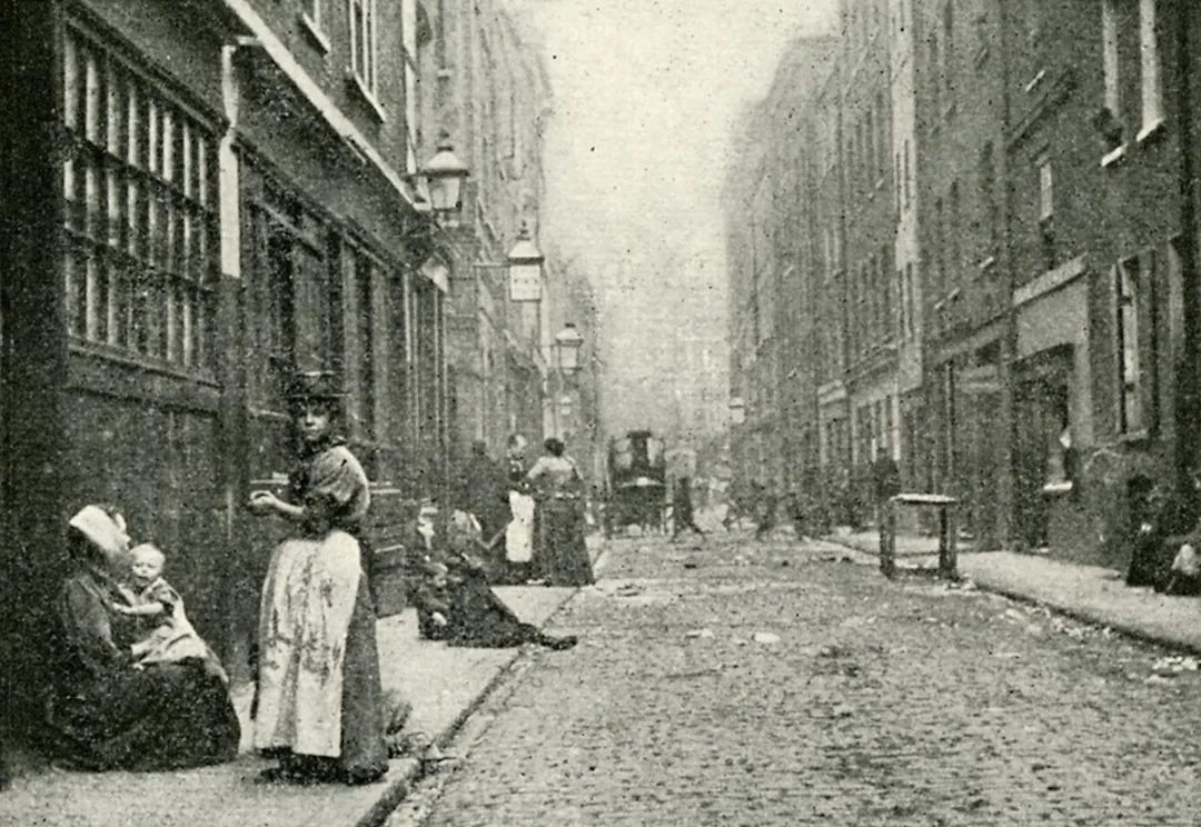 Dorset Street, SpitalfieldsDorset Street, UK, photographed in 1902 for Jack London's book The People of the Abyss. Miller's Court was reached through an alleyway on the right.Photograph first published in Jack London, The People of the Abyss, Macmillan, New York, 1903, 319 p., page 2. [1]