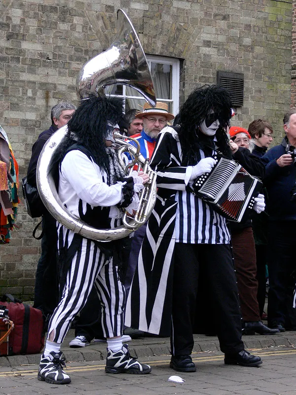 Musicians of Pig Dyke Molly dance team playing at Whittlesea Straw Bear Festival 2007 in Whittlesey, Cambridgeshire, UK. Dave Parker on sousaphone; the late Robin Griggs on melodeon/diatonic accordion.