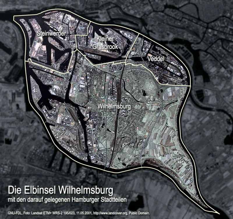 Die Elbinsel Wilhelmsburg mit den darauf gelegegen Hamburger Stadtteilen Steinwerder, Kleiner Grasbrook, Veddel und Wilhelmsburg.