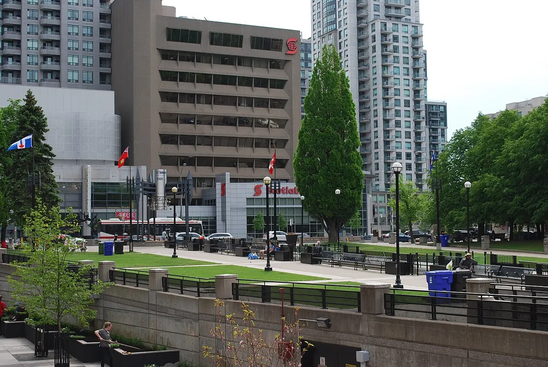 Mel Lastman Square, looking east towards Yonge Street from the North York Civic Centre.