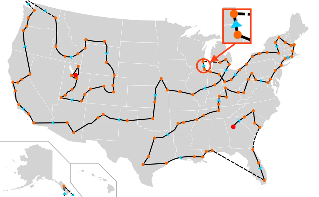 Map of 2002 Winter Olympic torch relay, highlighting the segment of the route that traveled place between Chicago and Milwaukee
Map derived from File:2002 Winter Olympics torch relay route.svg