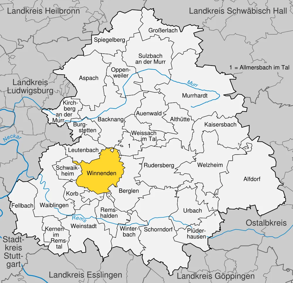 position of Winnenden within the Rems-Murr-Kreis, Baden-Württemberg, Germany