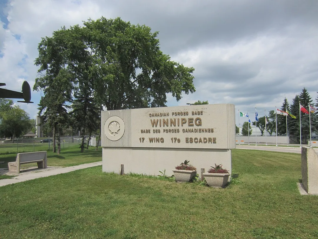 Sign at the entry to CFB Winnipeg, where 17 Wing, Canadian Air Force, is currently based.