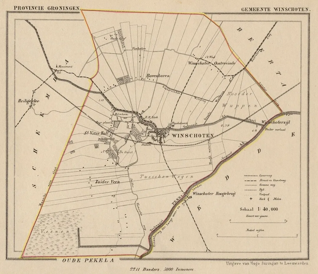 Map from around 1865-1870 of the municipality of Winschoten (Province of Groningen, Netherlands).
