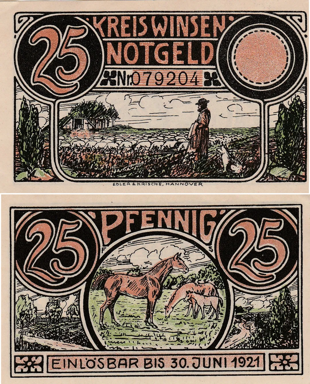Ein undatierter deutscher Notgeldschein (Vorder- und Rückseite) aus Winsen, im Wert von 25 Pfennig, gültig bis 30.06.1921.