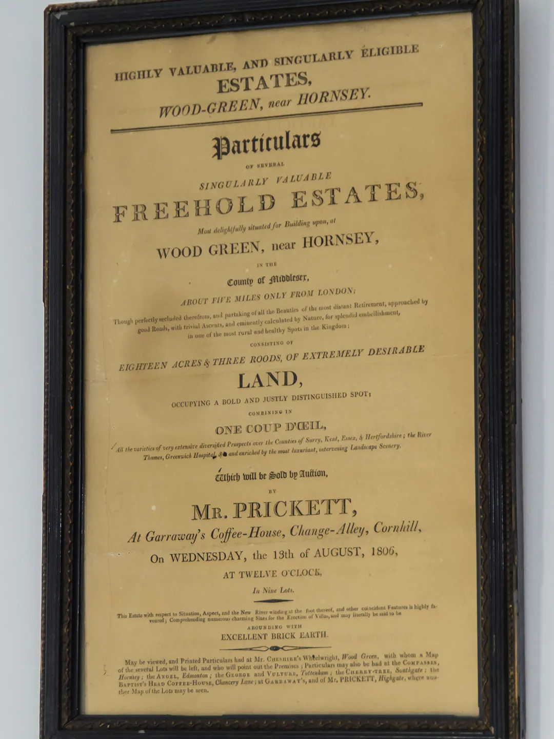 Sales Particulars used by Prickett and Ellis in 1806 in the sale of 'wood green'.