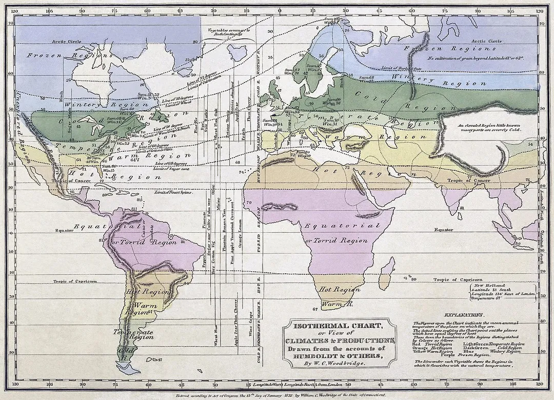 Isothermal chart, or, View of climates &amp; productions / drawn from the accounts of Humboldt &amp; others, by W.C. Woodbridge.Notes: Relief shown by hachures. Note 2.) "Entered according to Act of Congress the 15th day of January, 1823, by William C. Woodbridge of the state of Connecticut." Note 3.) Covers most of the world; does not cover northwestern North America, northeastern Asia, Australia, polar regions, or most of the Pacific Ocean. Note 4.) Includes notes. Note 5.) National Endowment for the Humanities Grant for Access to Early Maps of the Middle Atlantic Seaboard. Note 6.) Prime meridian: London.