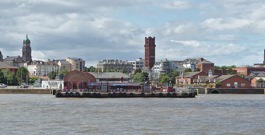 Panorama of the Woodside area of Birkenhead, with its ferry terminal at centre. Other landmarks are individually annotated.