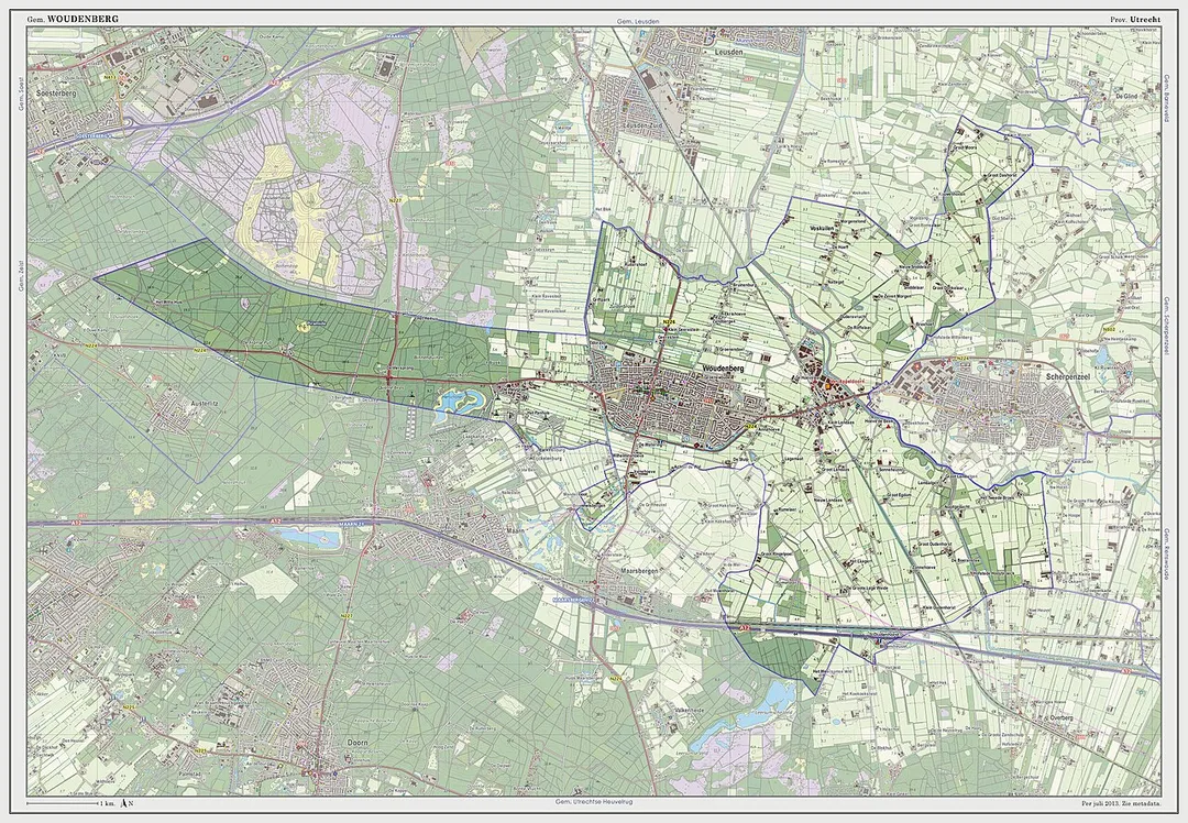 Topografische kaart van gemeente Woudenberg (2013).
Samengesteld door Jan-Willem van Aalst op basis van de GML open geodata van de BRT/Top10NL (basisregistratie Topografie, Kadaster 2011), vrijgegeven door Kadaster onder de Creative Commons BY licentie. Additionele gegevens uit BAG (8 juli 2013), uit de Open Street Map (9 juli 2013) en uit de Risicokaart. Peildatum kaartbeeld: 9 juli 2013. Zie ook Gemeentenatlas.nl

Samenstelling en kleurenschema: Jan-Willem van Aalst, met QuantumGIS en Photoshop. Zie ook de Legenda.