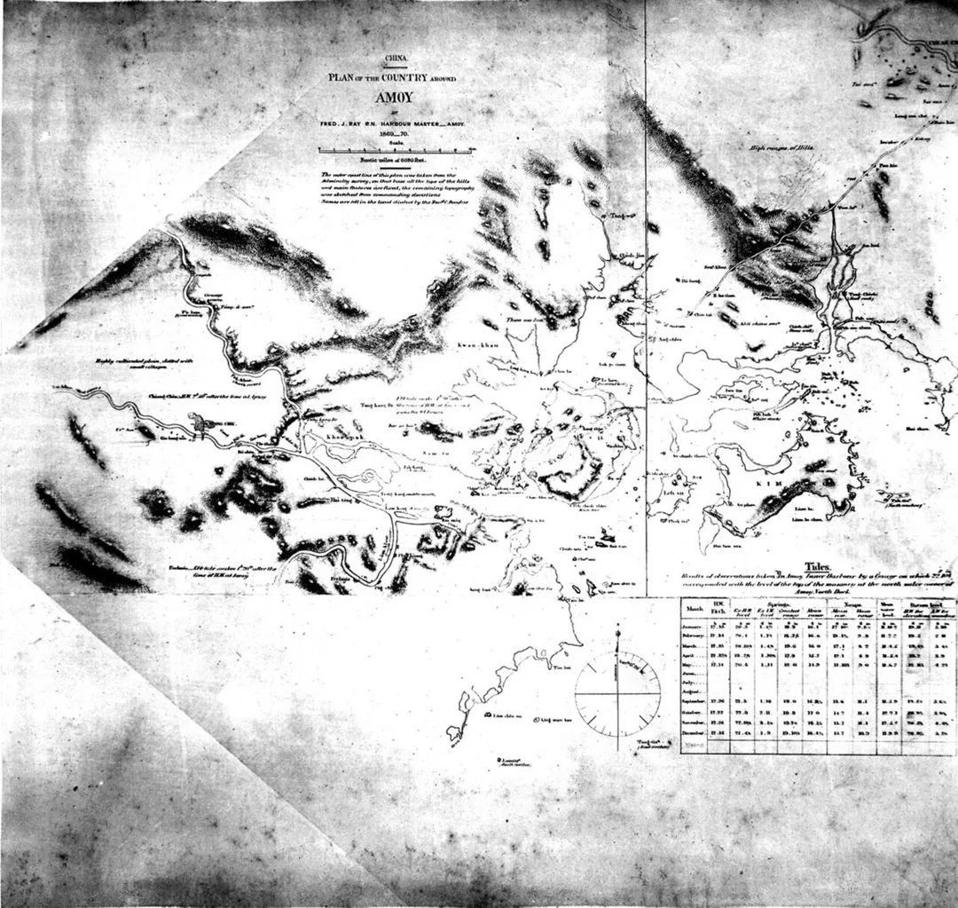 CHINA.PLAN .mw-parser-output .smallcaps{font-variant:small-caps}of the COUNTRY aroundAMOYbyfred. j. ray r.n. harbour master__amoy.1869__70.ScaleNautic miles of 6080 feet.The ? ? line of this plan was taken from theAdmiralty survey, on that ? all the ? of the hillsand main features are fixed, the remaining topographywas sketched from commanding elevationsNames are all in the local dialect by the ? ? ?