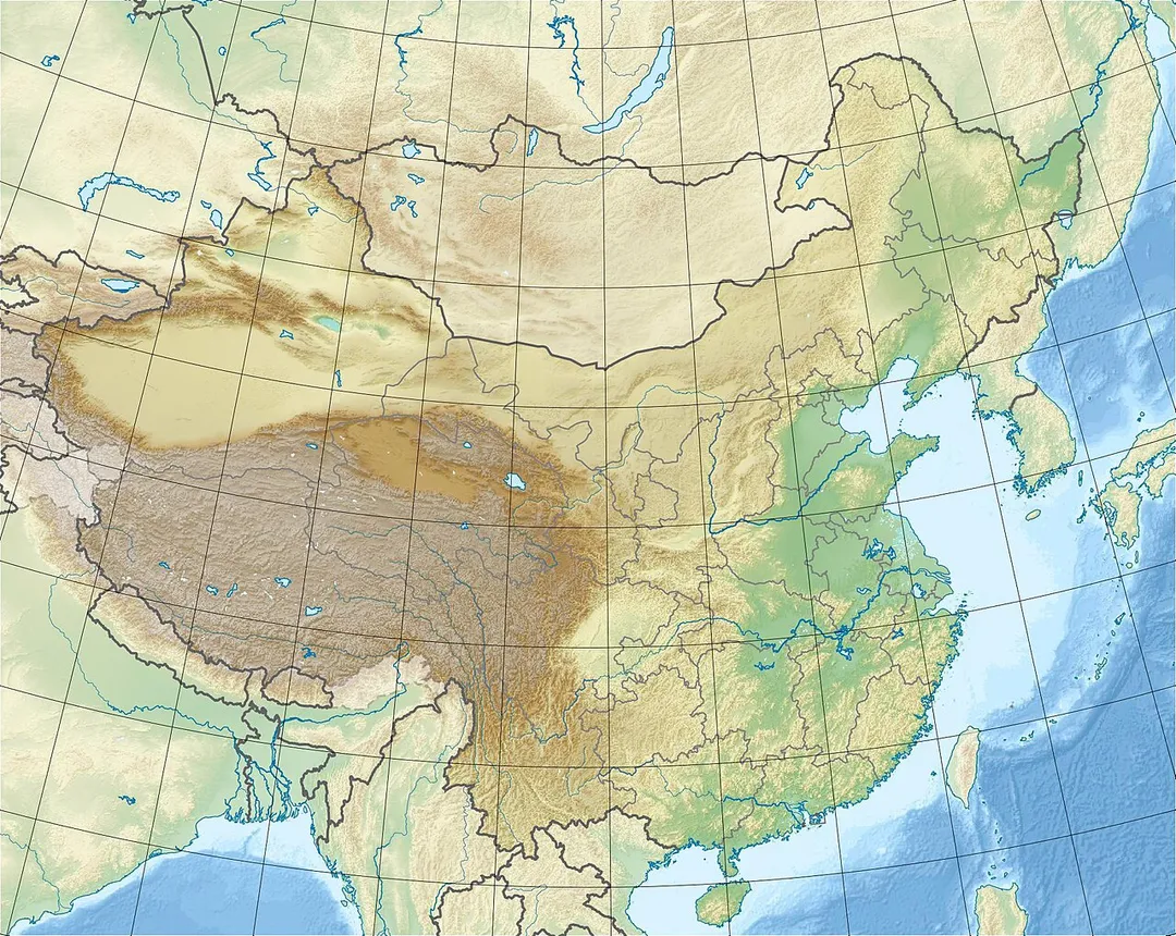 Location map of China.
EquiDistantConicProjection :
Central  parallel :

* N: 36.0° N

Central meridian :

* E: 104.0° E

Standard parallels :

* 1: 30.0° N
* 2: 42.0° N

Latitudes on the central meridian :

* top: 57.0° N
* center: 37.29° N
* bottom: 17.96° N

Made with Natural Earth. Free vector and raster map data @ naturalearthdata.com.