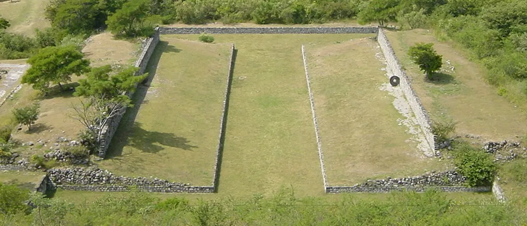 Photo of the ballcourt at w:en:Xochicalco.