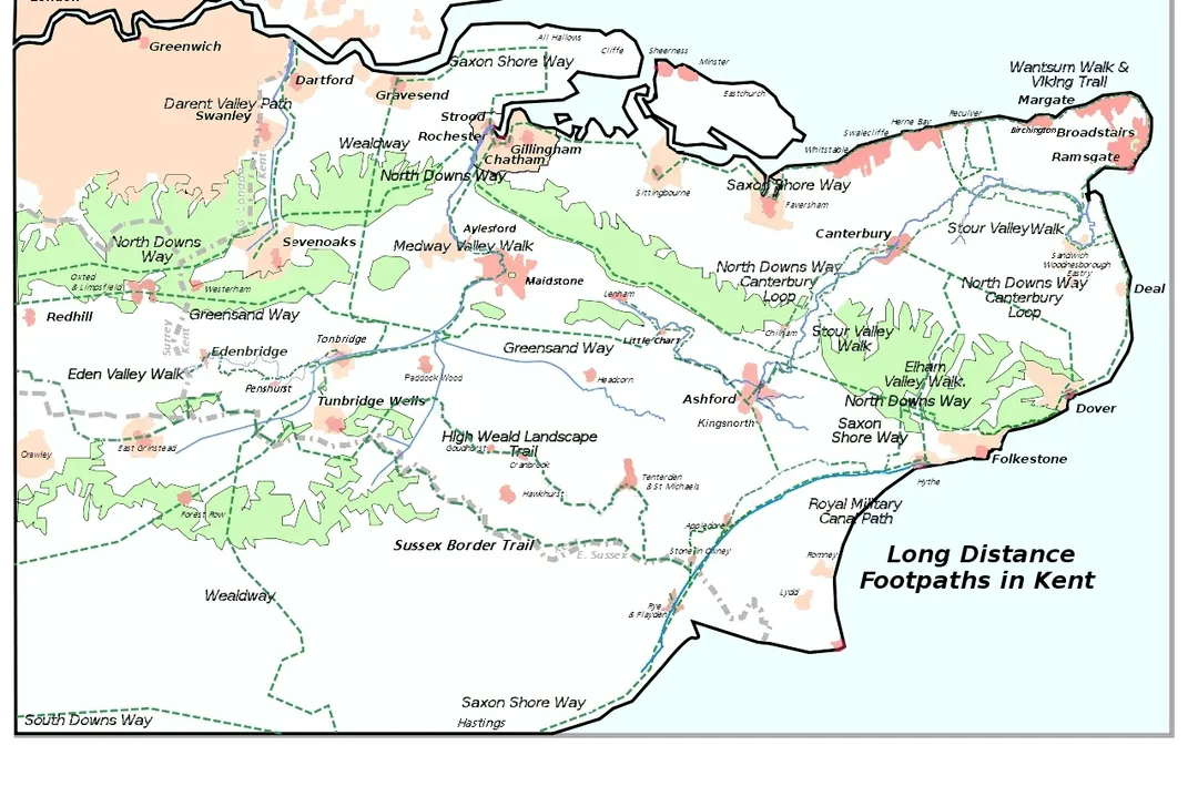 Adapted from User:ClemRutter who in 2007 produced a less detailed map of all the long distance footpaths in Kent in 2007 this 2012 has the Sussex Border Path and omits the London Circular and Vanguard paths for only a tiny % being in the Kent. Inspired by Jessop, Kent History Illustrated, with details from the KCC Public transport Map 2006/2007. There will be inaccuracies where paths join, or run parallel to a feature that was symbolic on the base map. Please inform me of serious errors and omissions via my Talk page. Constructed using Inkscape 0.45.1, so there may be rendering problems. Version 1 chose yellow for the path, it was great on the screen, but bad on the printer. I had used yellow because it follows the Yellow Arrow on the Waymarkers. This version uses dark green and changes the font so it is easier to read when rendered into a png. The Rivers are now blue. The spelling mistake in the name has been corrected.