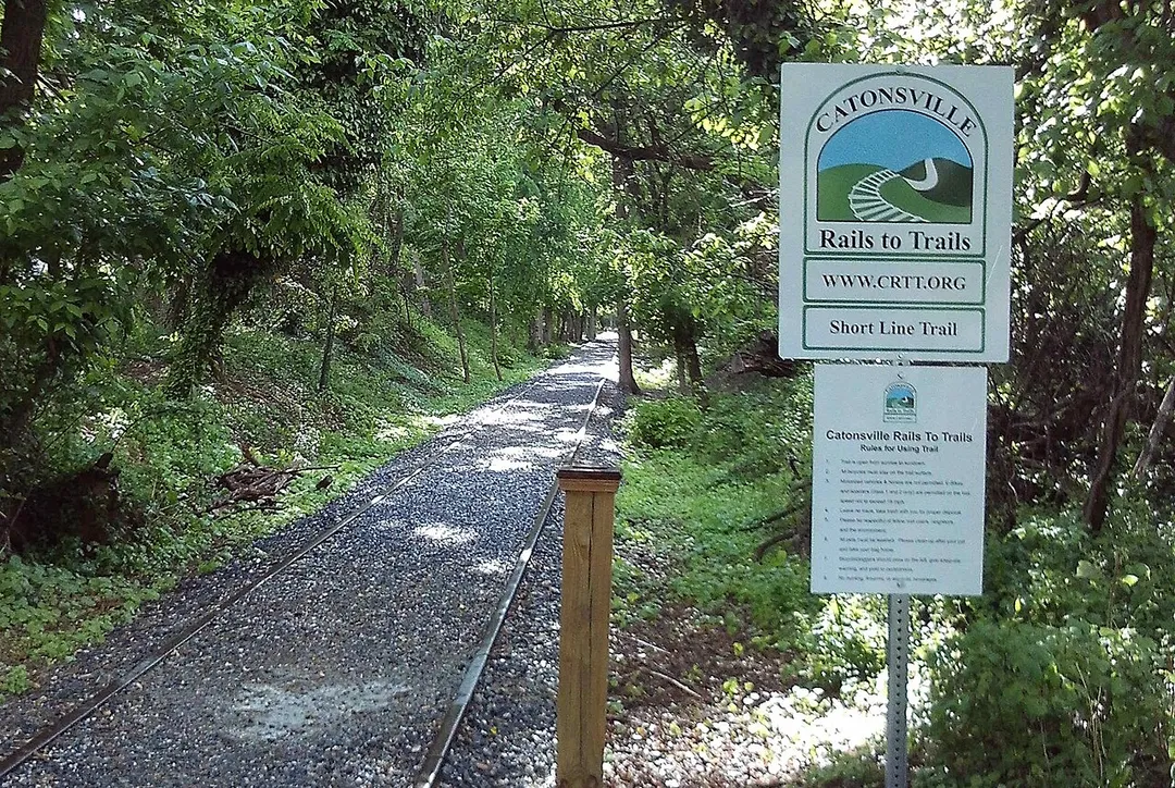 Catonsville Shortline Railroad trail entrance at Beechfield Avenue in Baltimore