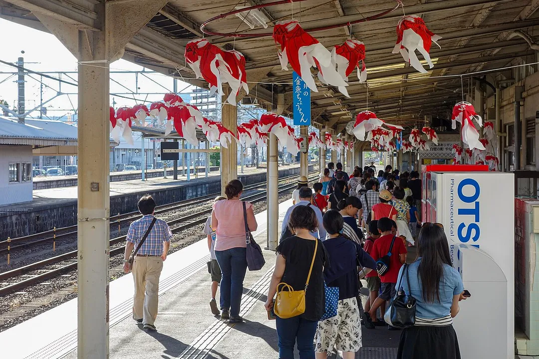 Kingyo chochin displayed at Yanai Station in Yanai, Yamaguchi Prefecture, Japan.