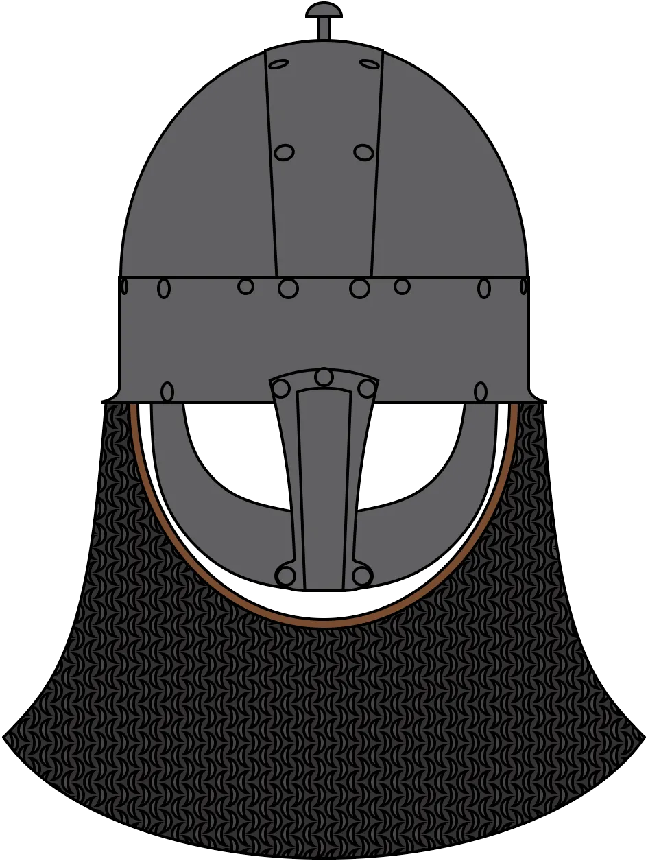 Illustration of the Yarm helmet, a Viking Age helmet found in Yarm, England. Reconstruction of hypothetical mail aventail in darker color.