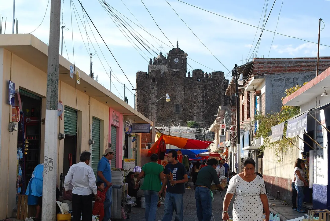Looking along Nava Street towards the ex monastery of San Juan Bautista in Yecapixtla, Morelos, Mexico