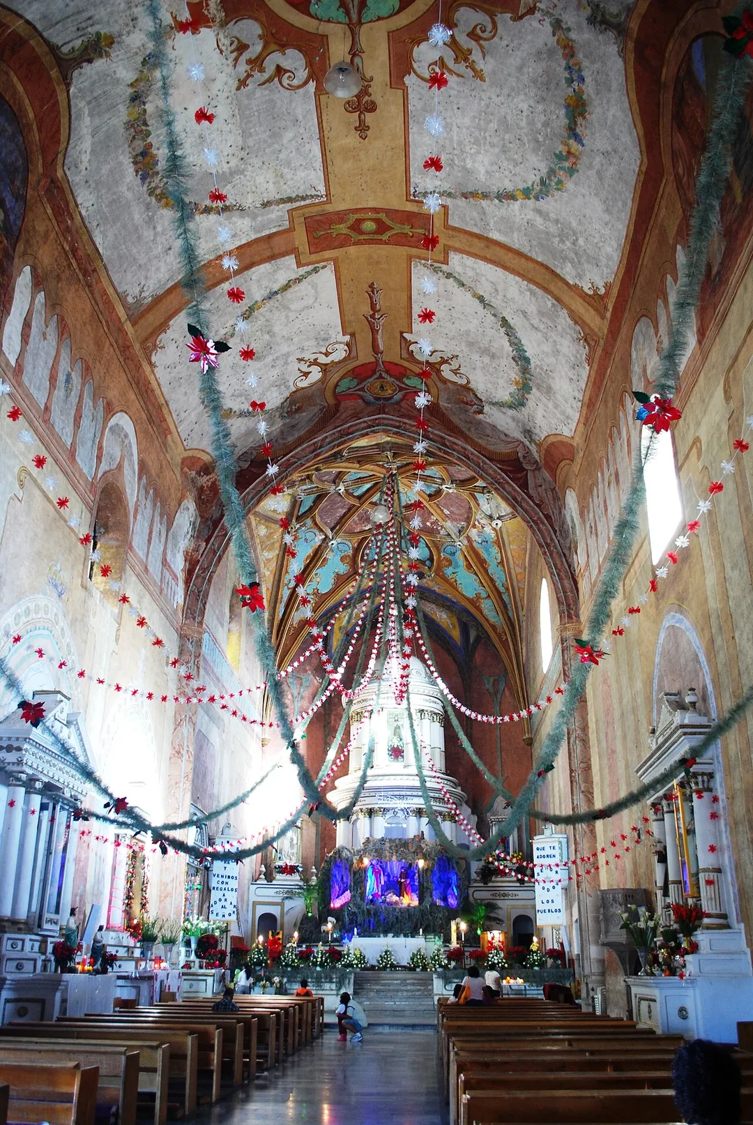 Main nave of the San Juan Bautista Church decorated for Christmas in Yecapixtla, Morelos, Mexico