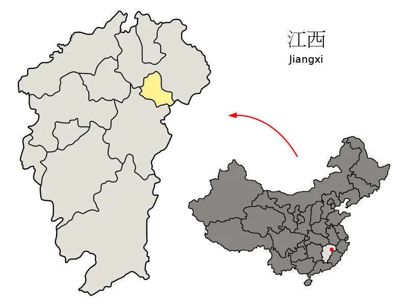 Location of Yingtan Prefecture (yellow) within Jiangxi Province of China
Map drawn in december 2007 using various sources, mainly :

Jiangxi Province administrative regions GIS data: 1:1M, County level, 1990
Jiangxi Counties map from www.hua2.com