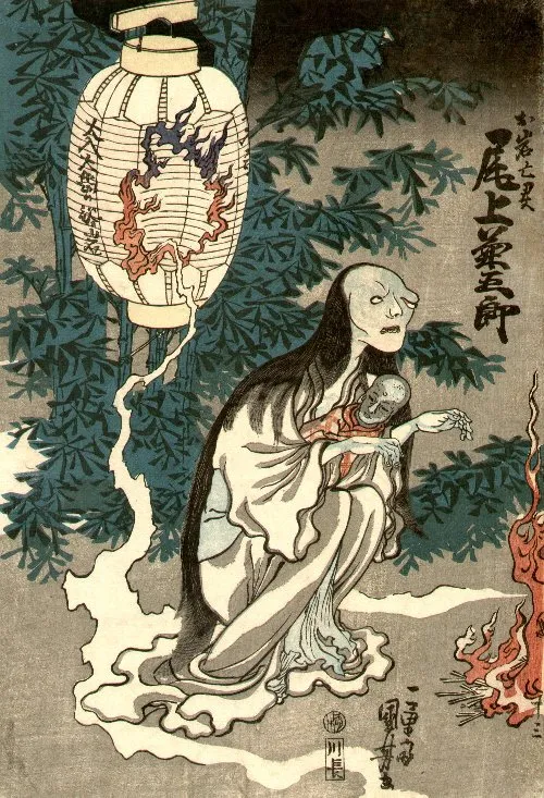 Woodblock print of Onoe Kikugoro III as the Ghost of Oiwa in the play Yotsuya Kaidan by Utagawa Kuniyoshi.