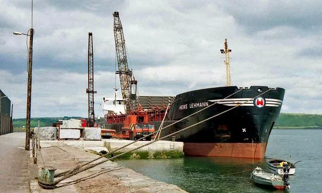 A ship at Youghal The coaster Heike Lehmann, discharging a cargo of steel reinforcing rods, at the basic (but more than satisfactory) quay at Youghal.
