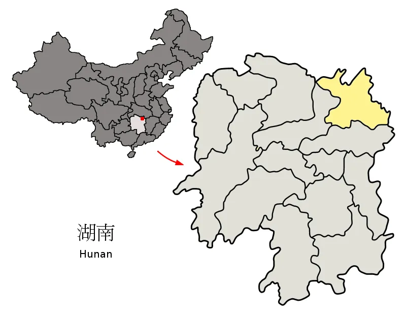 Location of Yueyang Prefecture (yellow) within Hunan Province of China
Map drawn in december 2007 using various sources, mainly :

Hunan Province administrative regions GIS data: 1:1M, County level, 1990
Hunan Counties map from www.hua2.com