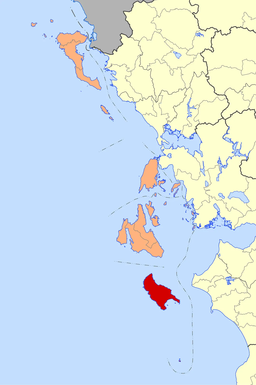 Locator map for Zakynthos municipality in Greek region Ionian Islands (2019), after change in administrative unit (FEK 43a/2019)
