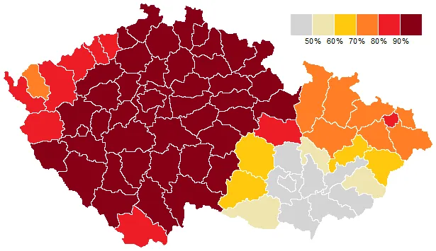 Podíl osob hlásících se k české národnosti ve Sčítání lidu, domů a bytů 1991 v okresech České republiky