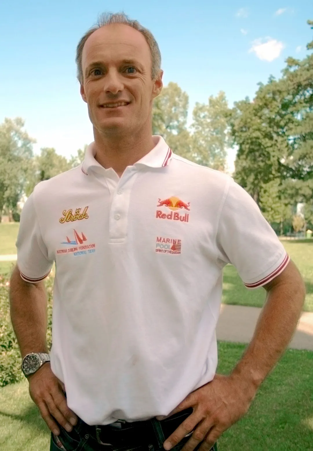 Sailor (Tornado class) Hans-Peter Steinacher at the presentation of the Austrian team for the 2008 Summer Olympics in China (Strandbad Gänsehäufel, Vienna)