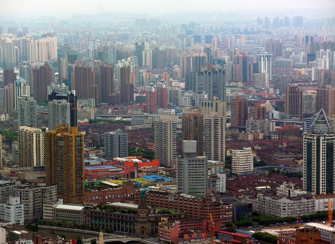 View of Hongkou District and Zhabei District of Shanghai from Oriental Pearl Tower observation deck.