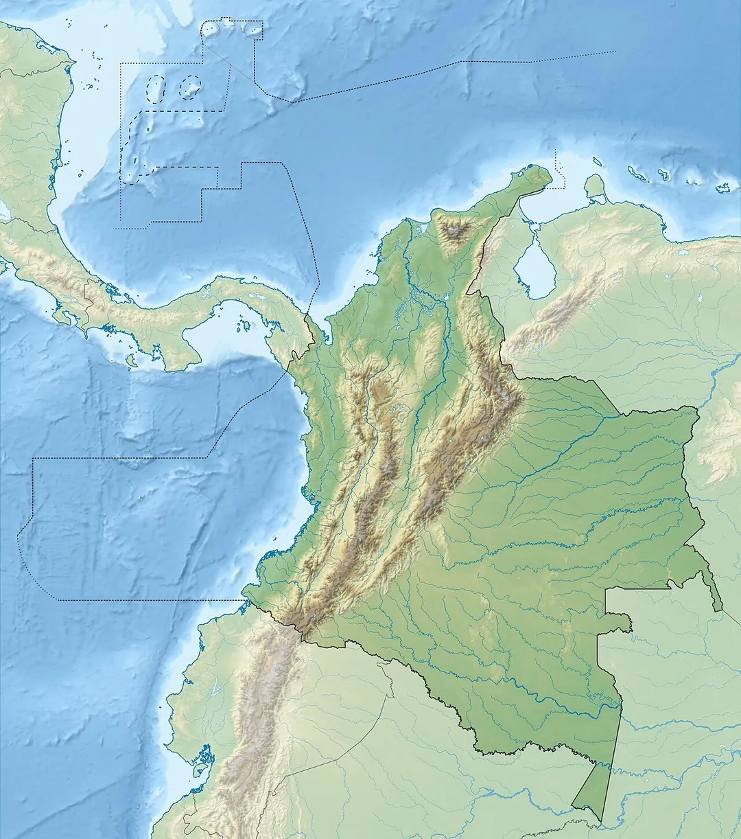 Physical Location map of Colombia Equirectangular projection. Geographic limits of the map: