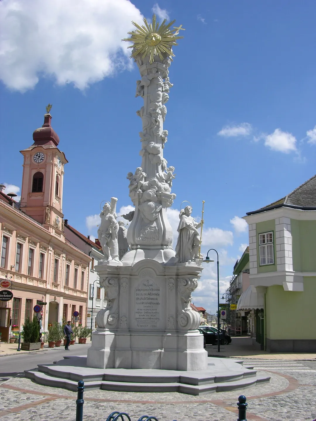 Plague column in Zistersdorf, Lower Austria. At the left side the old town hall, now courthouse.