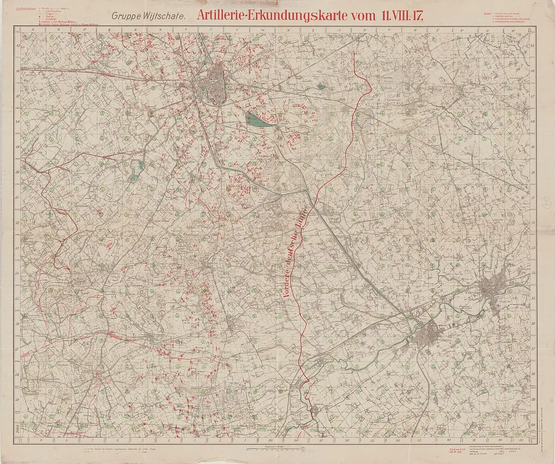 Trench map of the area around Ypres, revised to 11 August 1918. Printed by Vermessungsabteilung 24. The map shows Allied artillery positions south of the city. Scale 1:20,000.
