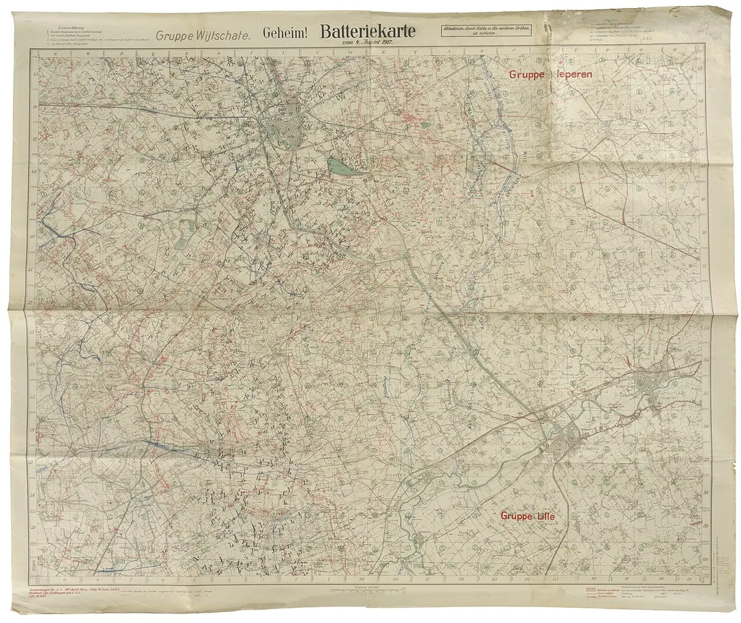 Trench map of the area around Ypres, revised to 4 August 1918. The map shows Allied artillery positions south of the city. Scale 1:20,000.