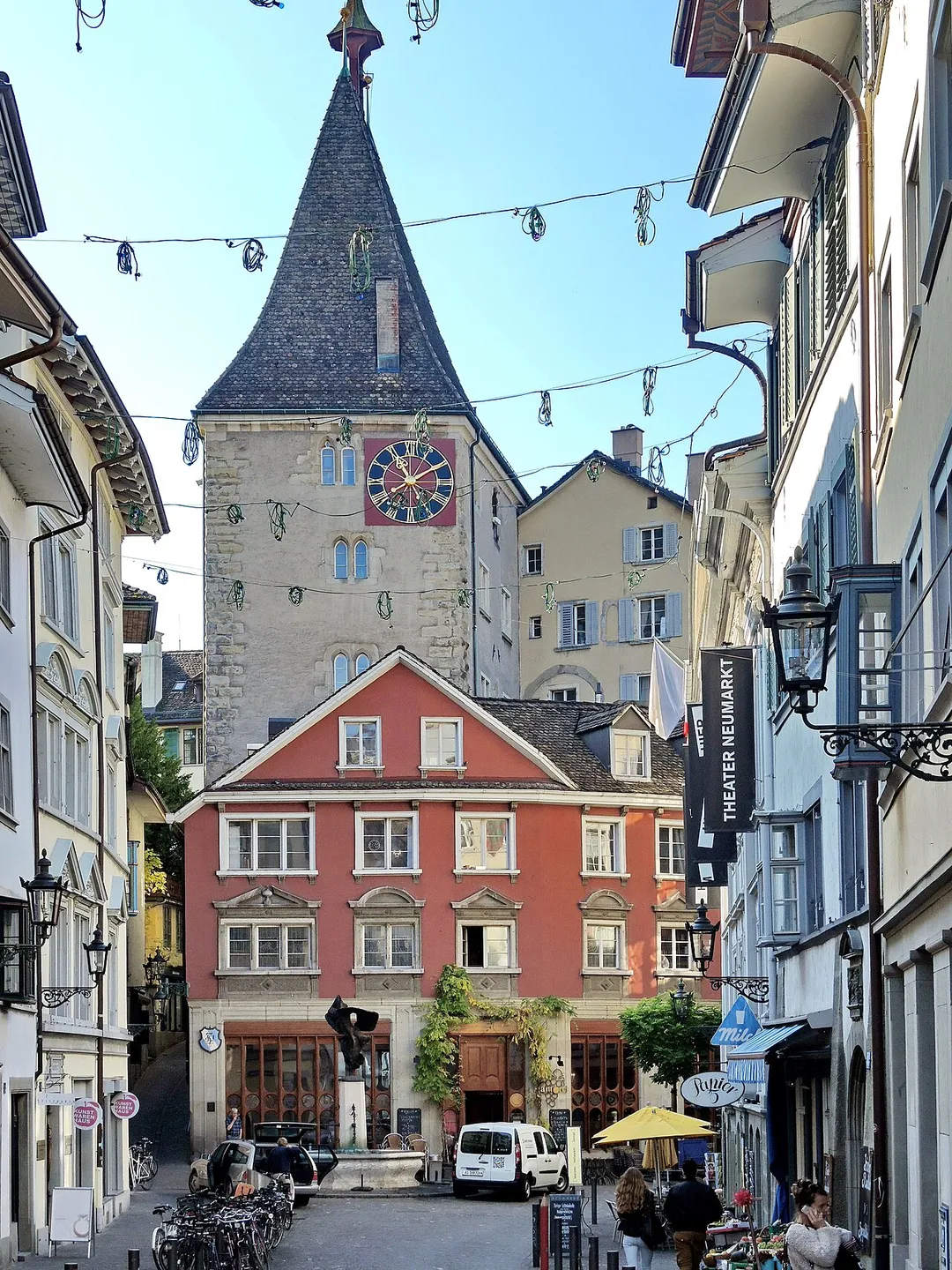 Grimmenturm and Theater to the right, Neumarkt in Zürich (Switzerland)