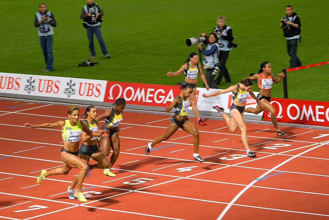 Christine Arron (left) of France wins the women's 100m from Torri Edwards of USA during the Iaaf Weltklasse Golden League meeting on September 7th, 2007 in Zurich, Switzerland.