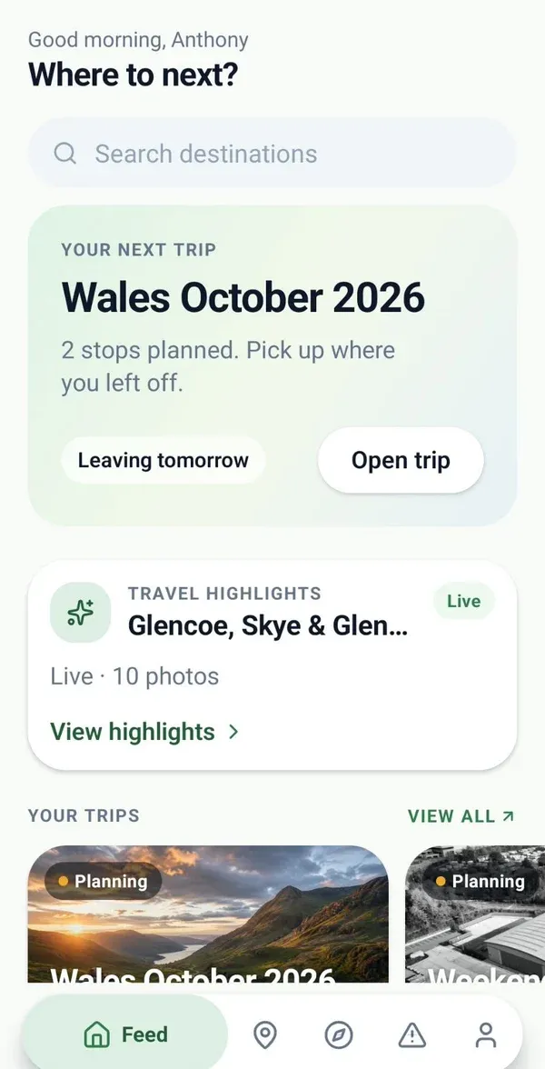 The Plan Your Road Trips app home screen showing your next trip